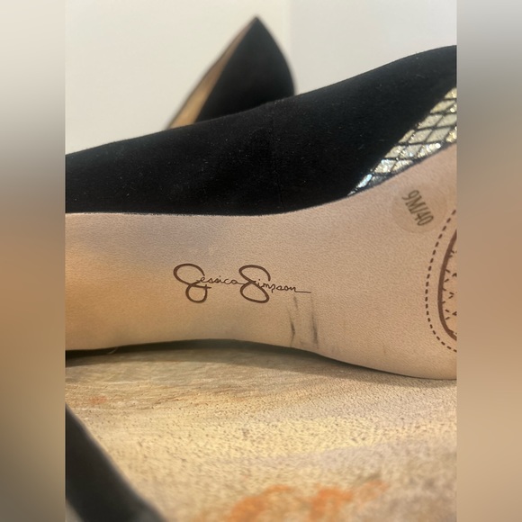 Jessica Simpson Eye Catching Black Suede with Gold Snakeskin Embellishment - Picture 2 of 7